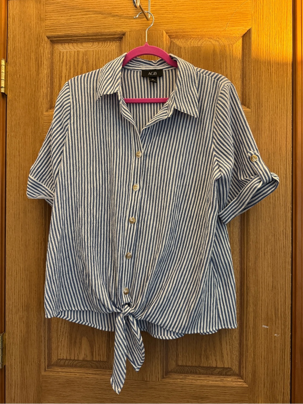 AGB Blue and White Striped Tie-Front Button-Down Shirt